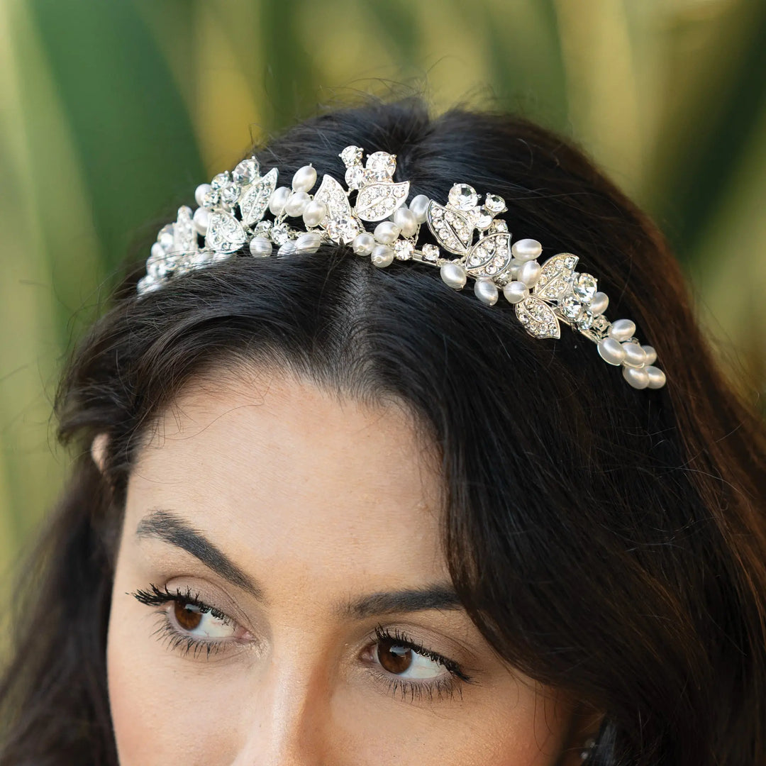 DIADÈME MARIAGE FLORAL CRISTAUX & PERLES – ALANA Ivory and co