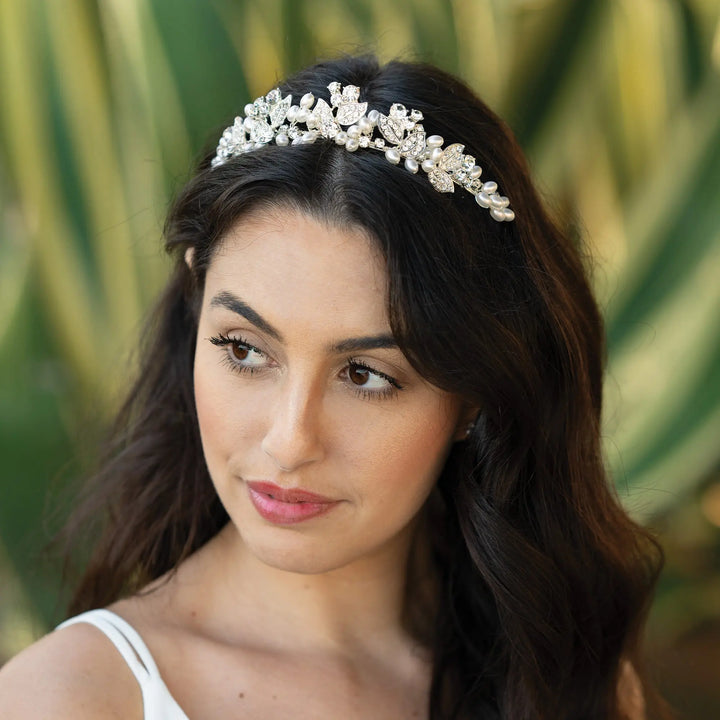 DIADÈME MARIAGE FLORAL CRISTAUX & PERLES – ALANA Ivory and co