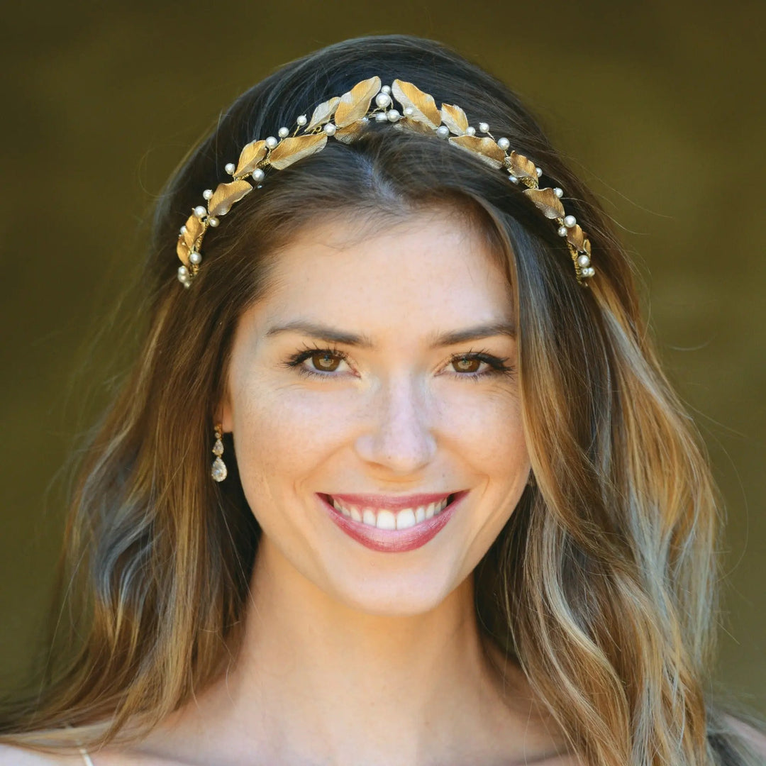 DIADÈME LAUREL – COURONNE FEUILLAGE BRONZE ET PERLES PLAQUÉ OR 14 C Ivory and co