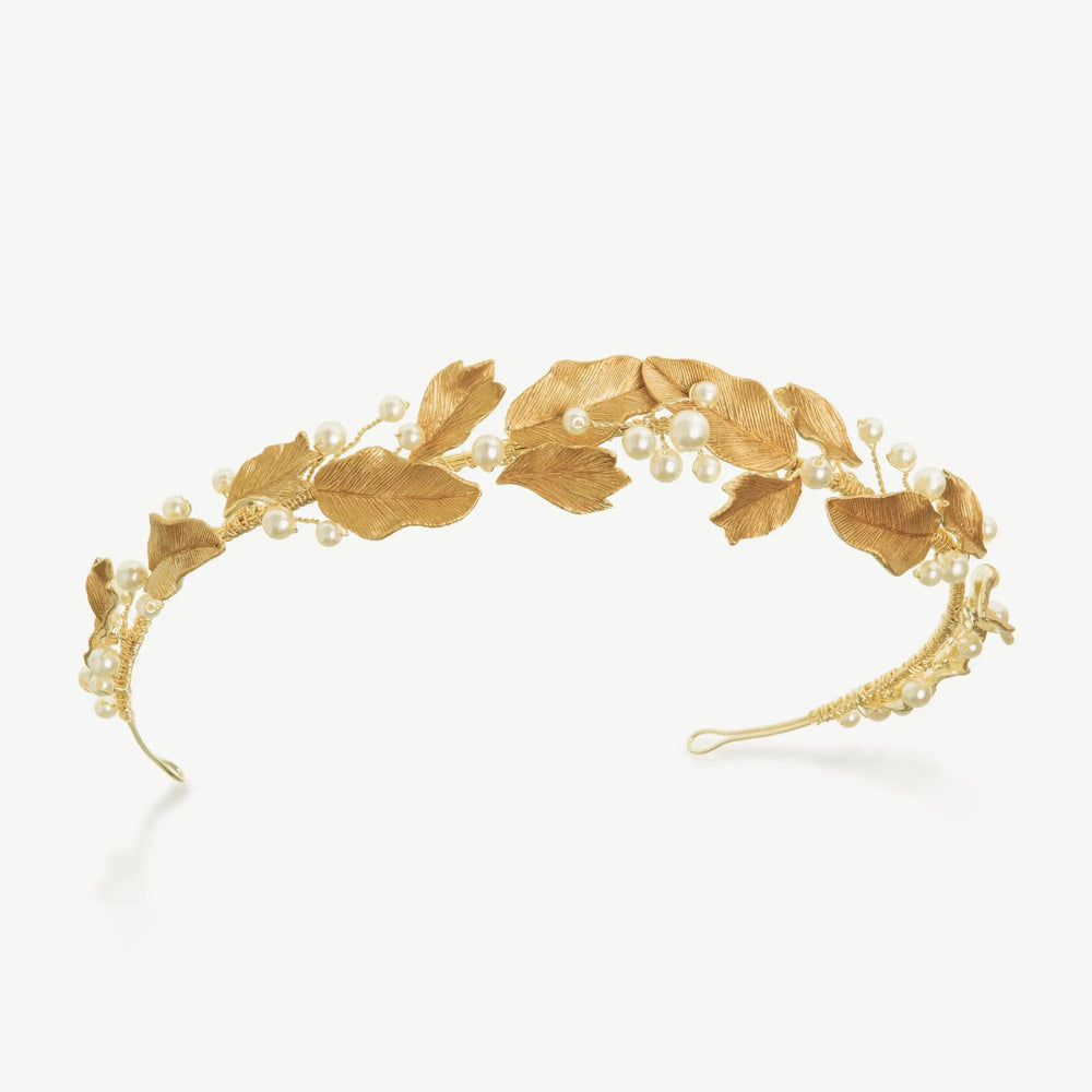 DIADÈME LAUREL – COURONNE FEUILLAGE BRONZE ET PERLES PLAQUÉ OR 14 C Ivory and co