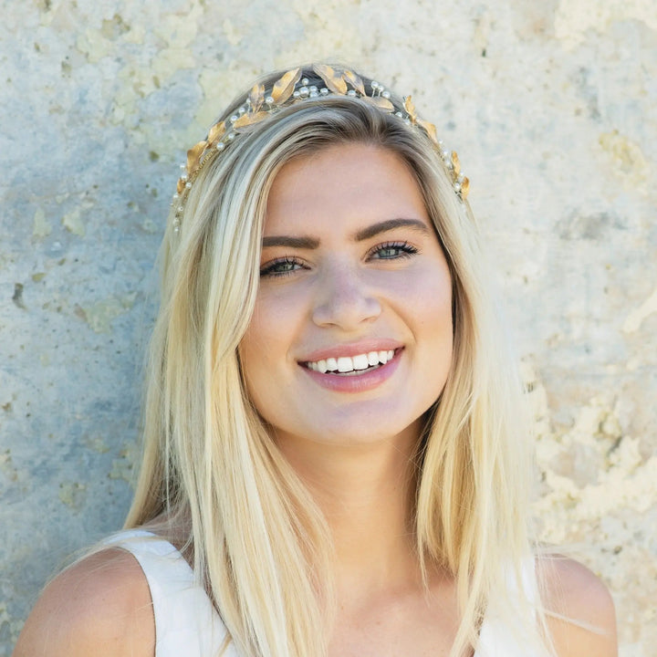 DIADÈME LAUREL – COURONNE FEUILLAGE BRONZE ET PERLES PLAQUÉ OR 14 C Ivory and co