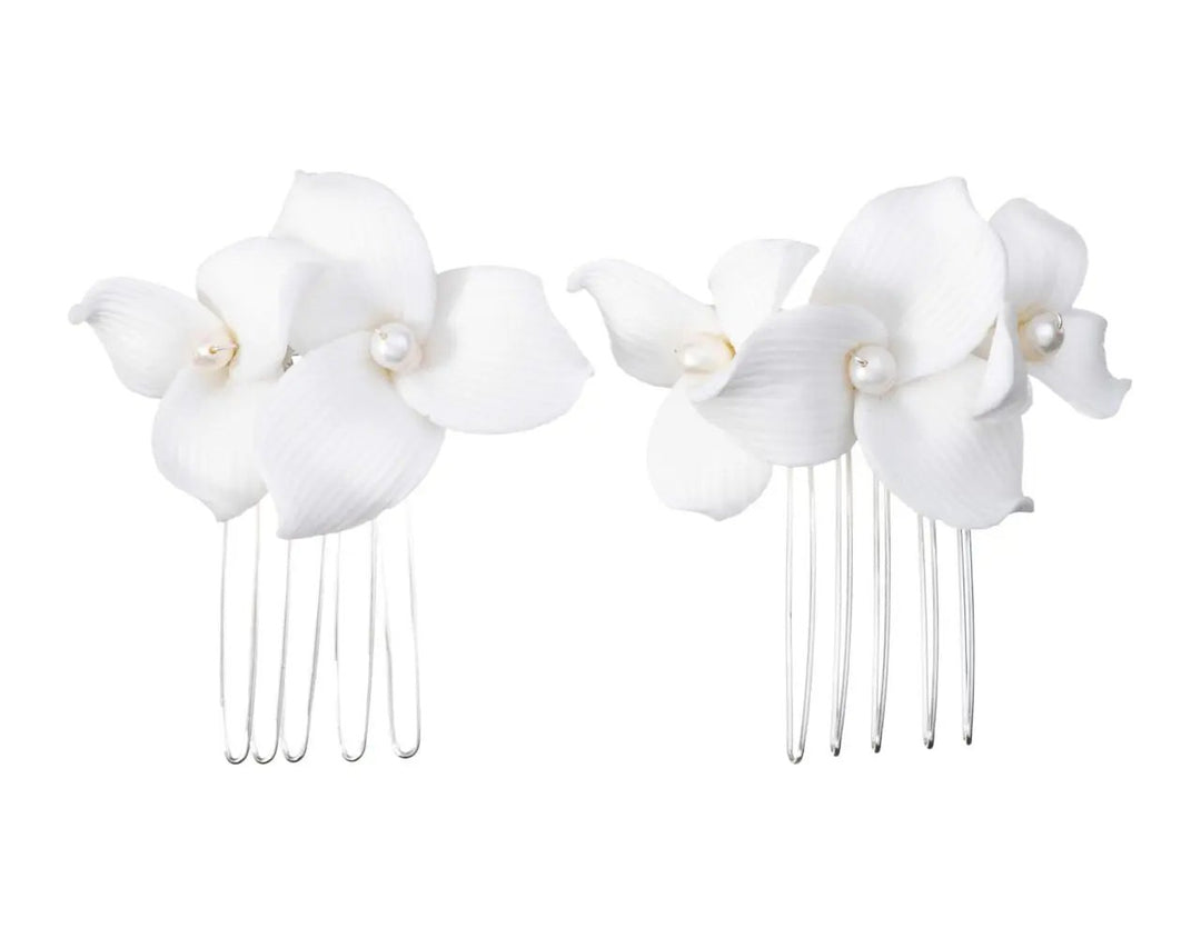 DUO DE PEIGNES À CHEVEUX MARIAGE HC0425 – FLEURS CÉRAMIQUE BLANCHES ET PERLES G.Westerleigh