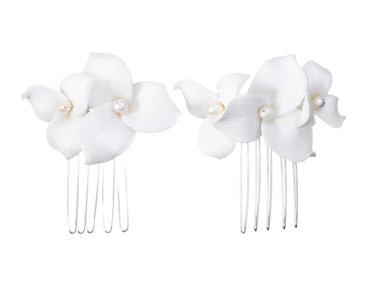 DUO DE PEIGNES À CHEVEUX MARIAGE HC0425 – FLEURS CÉRAMIQUE BLANCHES ET PERLES G.Westerleigh