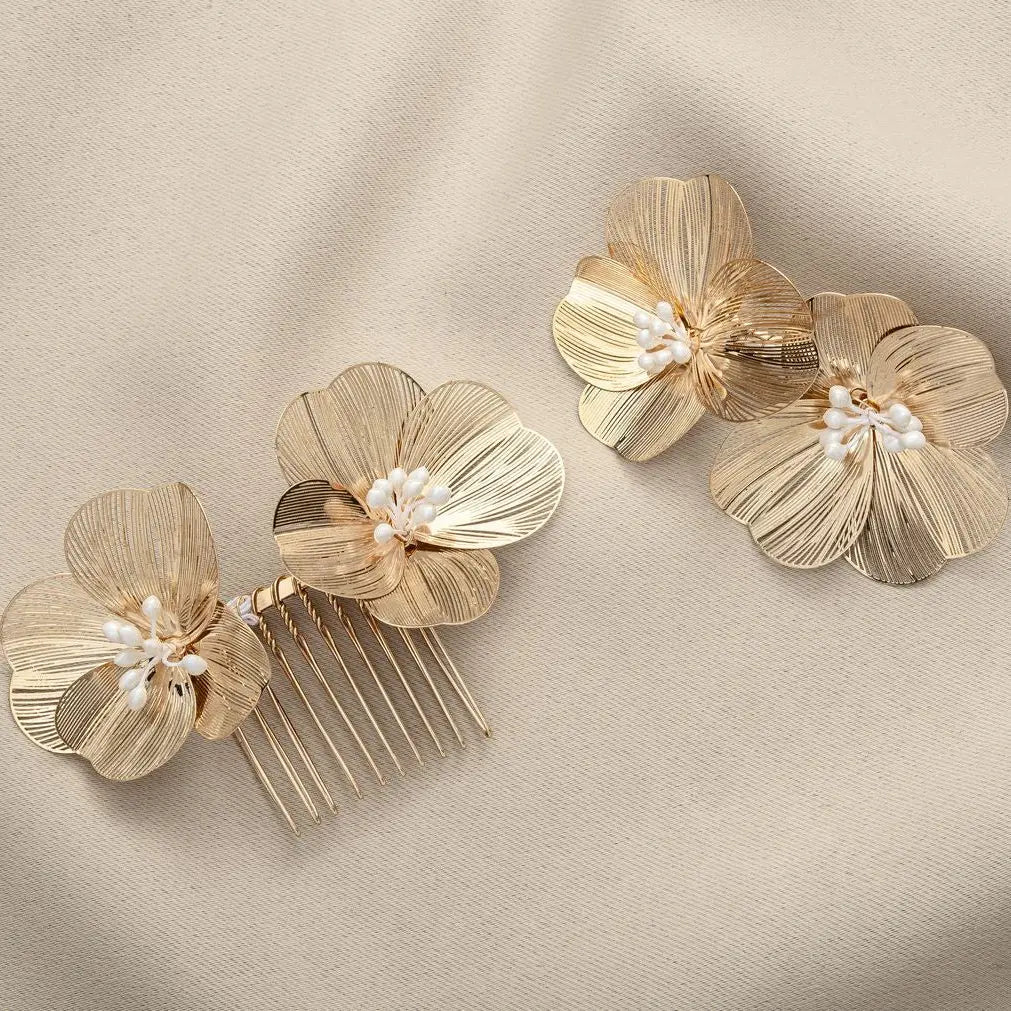 DUO PEIGNE & PINCES MARIÉE HC0463 FLEURS 3D – DORÉ & PERLES G.Westerleigh
