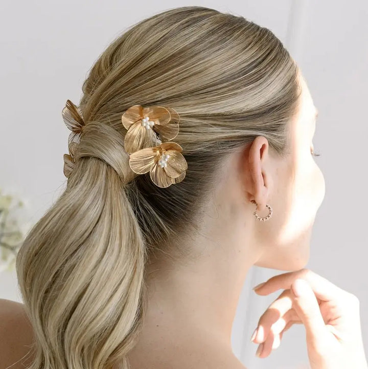 DUO PEIGNE & PINCES MARIÉE HC0463 FLEURS 3D – DORÉ & PERLES G.Westerleigh