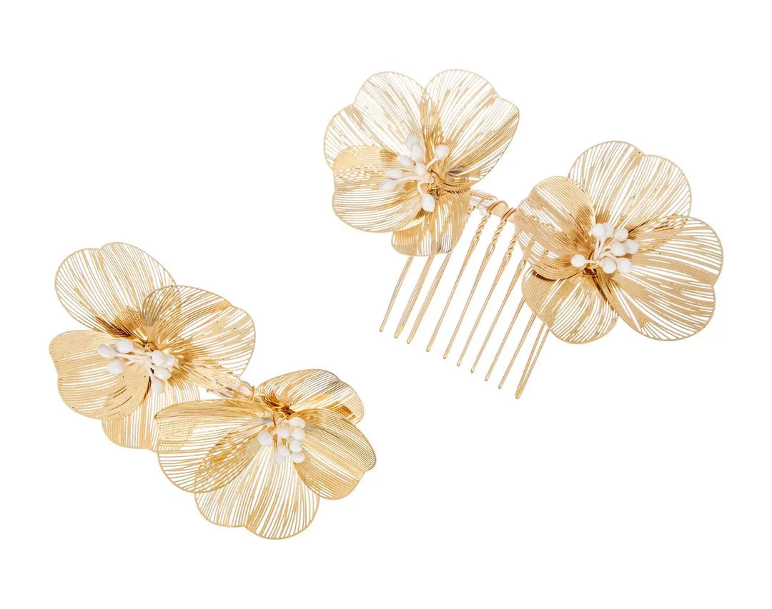 DUO PEIGNE & PINCES MARIÉE HC0463 FLEURS 3D – DORÉ & PERLES G.Westerleigh