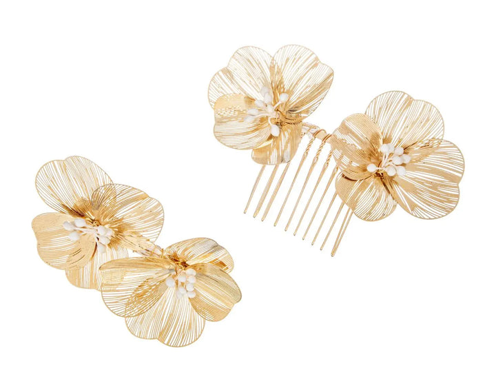 DUO PEIGNE & PINCES MARIÉE HC0463 FLEURS 3D – DORÉ & PERLES G.Westerleigh