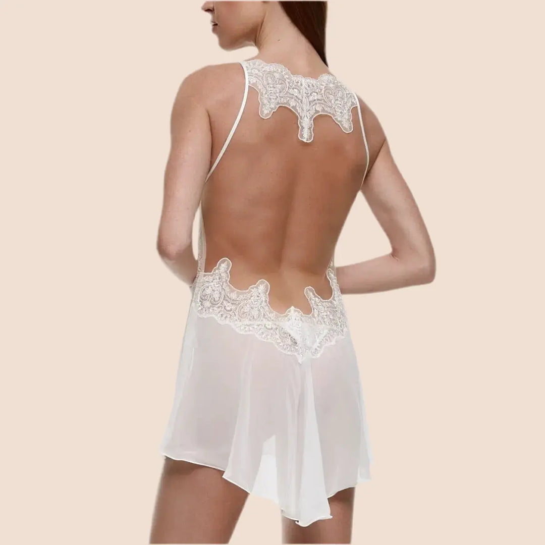 ENSEMBLE EN MOUSSELINE NUISETTE + STRING SATIN HERITAGE Yvette Bridal