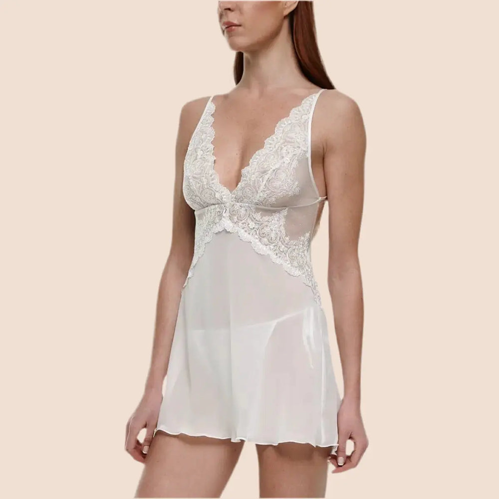 ENSEMBLE EN MOUSSELINE NUISETTE + STRING SATIN HERITAGE Yvette Bridal