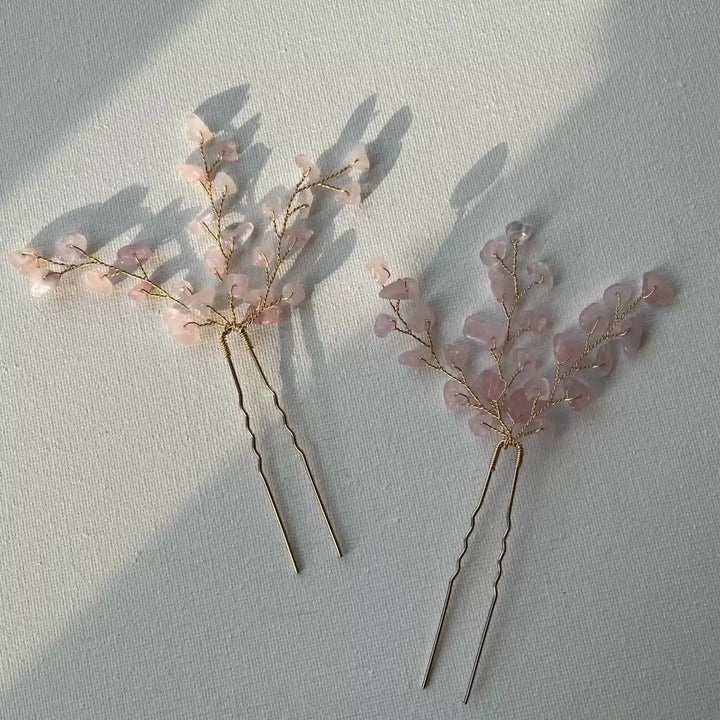ÉPINGLES À CHEVEUX LOTIS QUARTZ ROSE – BIJOUX DE CHEVEUX MARIÉE (LOT DE 2) SallyJaneBridal