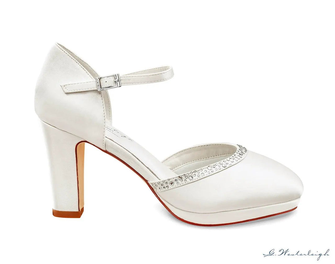 ESCARPINS DE MARIÉE CONFORT EN SATIN IVOIRE AVEC STRASS - TALON CARRÉ 8,5 CM - GABRIELLE G.Westerleigh