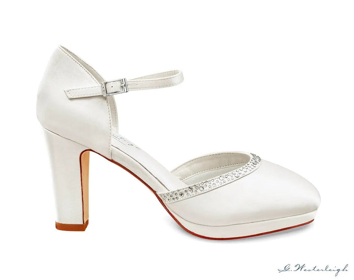 ESCARPINS DE MARIÉE CONFORT EN SATIN IVOIRE AVEC STRASS - TALON CARRÉ 8,5 CM - GABRIELLE G.Westerleigh