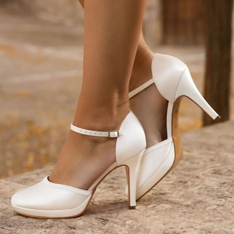 Escarpins mariée compensés en satin ivoire, talon 9,5 cm- DONA