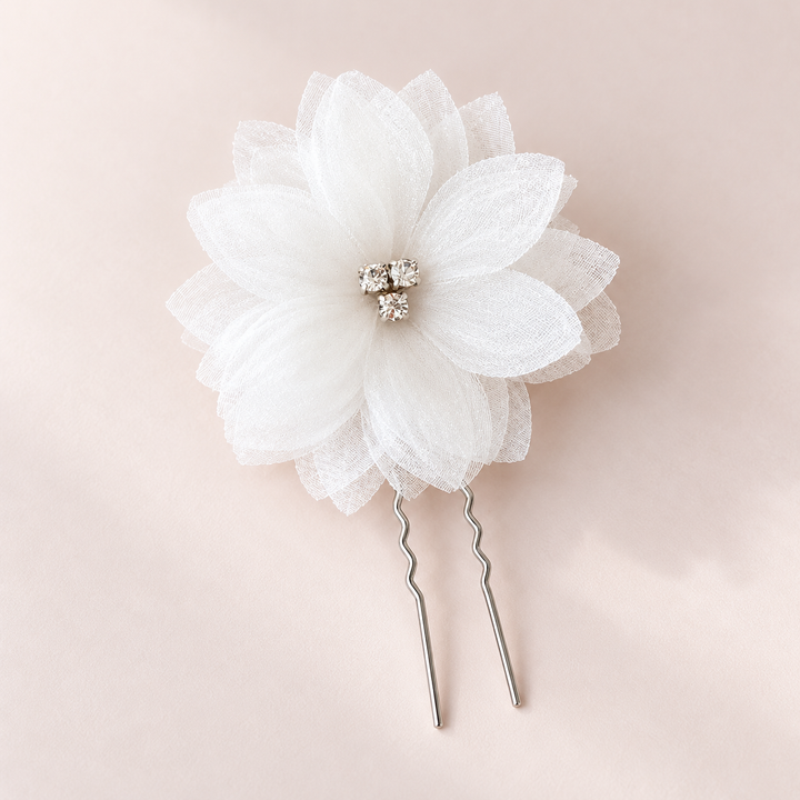 Épingle à chignon de mariée J067 – fleur en organza gaufré – ivoire BIANCO EVENTO