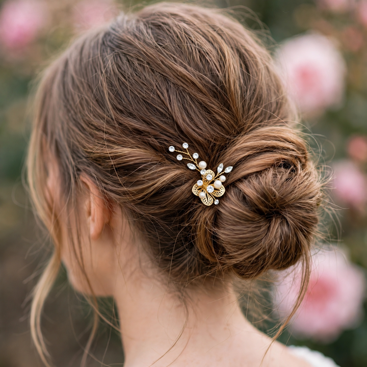 Épingle de mariée HA225422 – fleurs dorées et cristaux ÉGLANTINE CRÉATIONS
