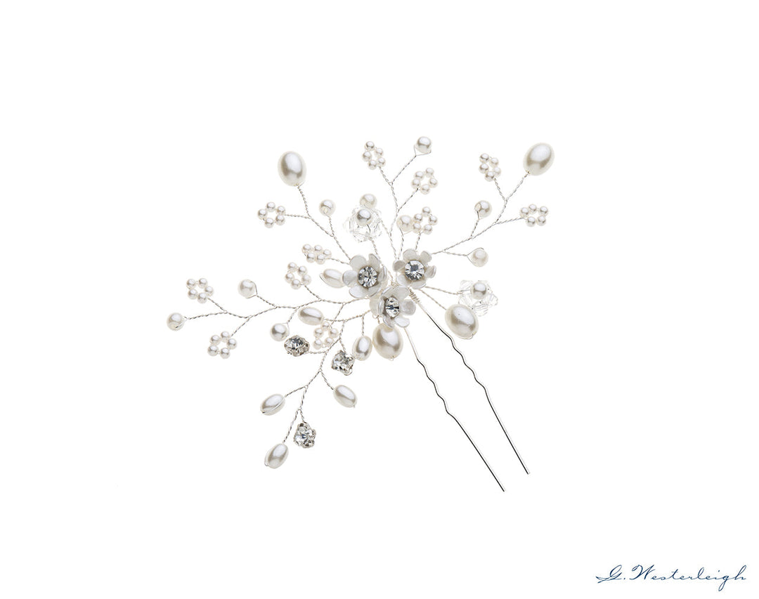 Épingle de mariée J4498 cristaux et perles ivoire, finition argentée G.Westerleigh