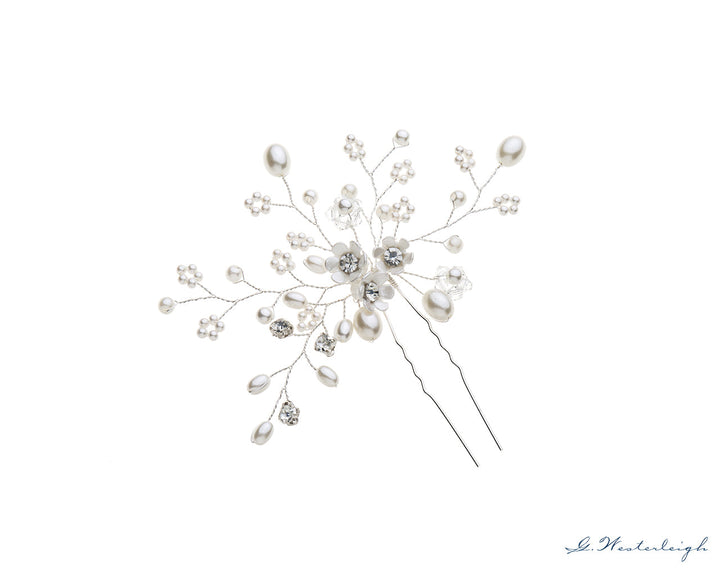 Épingle de mariée J4498 cristaux et perles ivoire, finition argentée G.Westerleigh