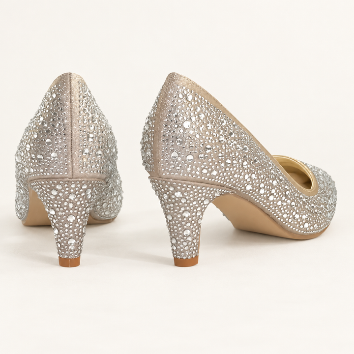 Deauville 925 champagne — vue arrière et trois-quarts, détail des talons et des strass