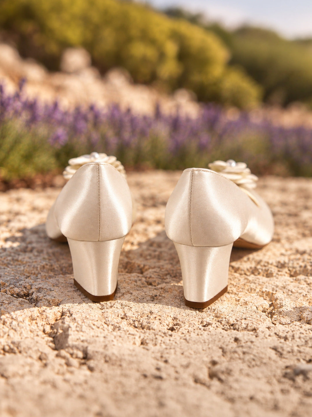 Escarpins de mariée Elfi vus de dos, talon bloc en satin