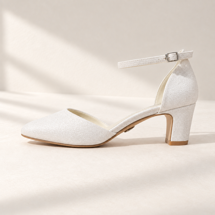 Escarpin de mariée 700 Julia ivoire pailleté, profil et talon bloc 5 cm