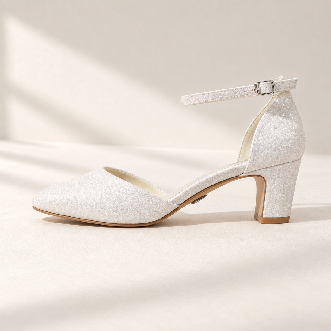 Escarpin de mariée 700 Julia ivoire pailleté, profil et talon bloc 5 cm