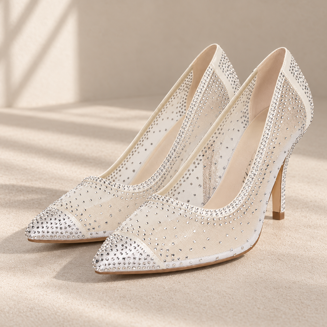 Escarpins de mariée Paris – maille transparente et strass – talon 8 cm – 930 — studio en studio beige