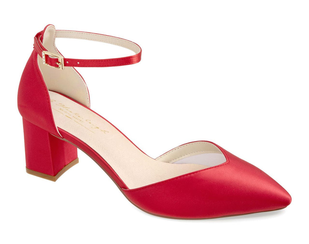 Escarpin de mariée Ruby en satin rouge à talon bloc