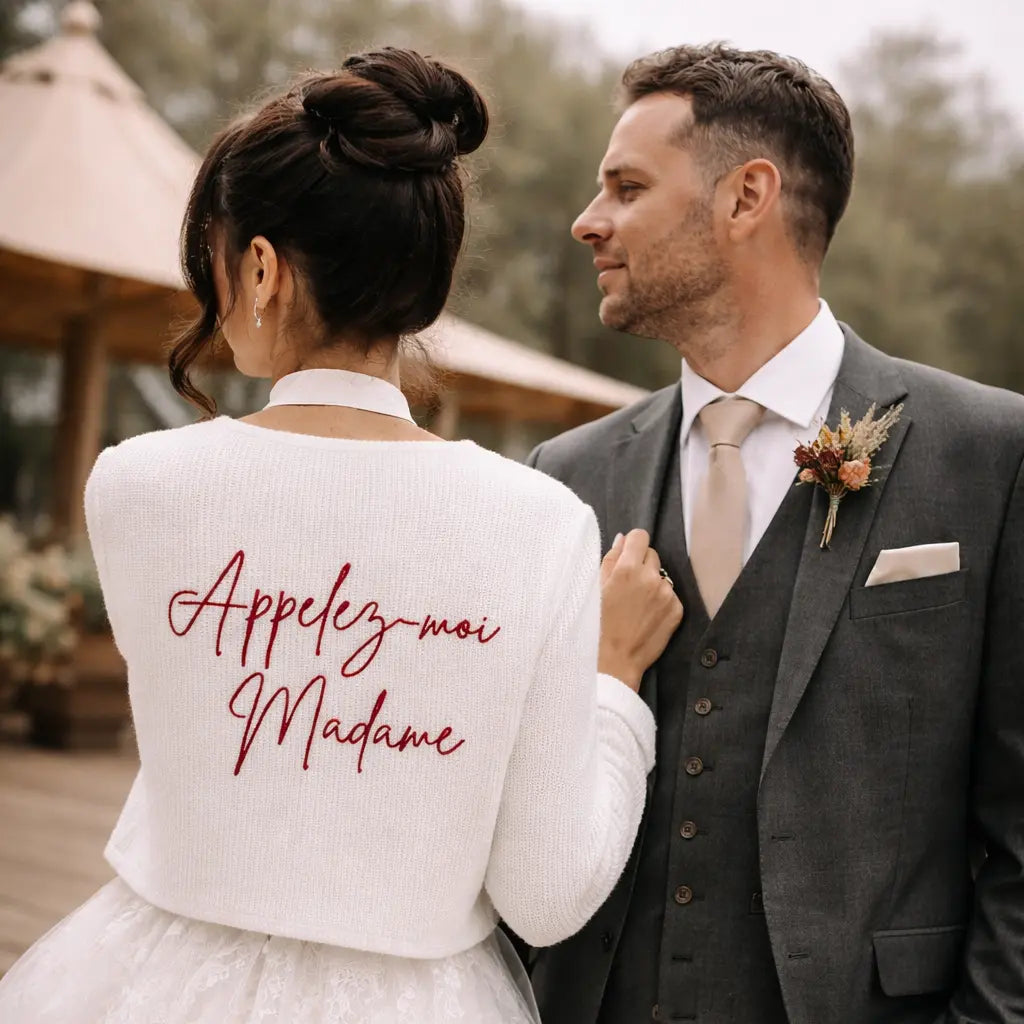 GILET MARIÉE PERSONNALISÉ — BRODERIE AU DOS BIANCO EVENTO
