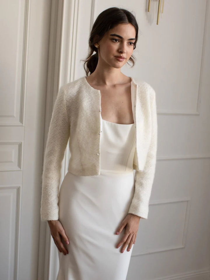 Gilet de mariée – maille mohair ivoire, boutons perle – WJ05 Artpodiumstudio