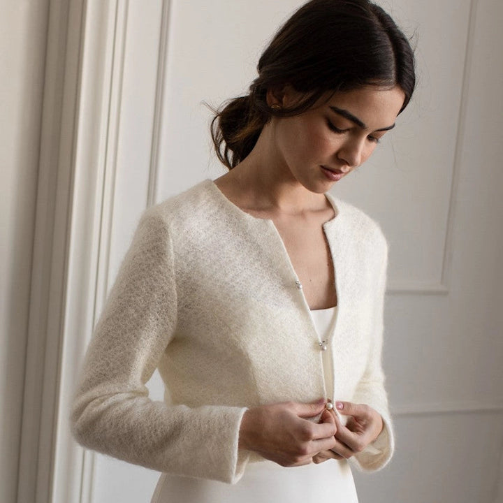 Gilet de mariée – maille mohair ivoire, boutons perle – WJ05 Artpodiumstudio
