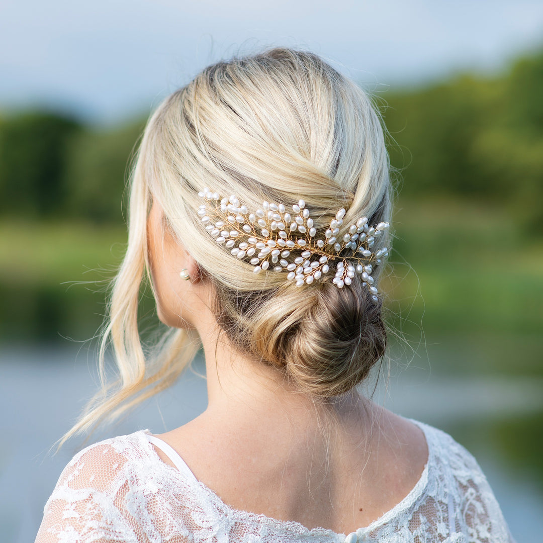 PEIGNE DE MARIÉE SEASPRAY – FEUILLES & PERLES NACRÉES, OR / OR ROSE / ARGENT