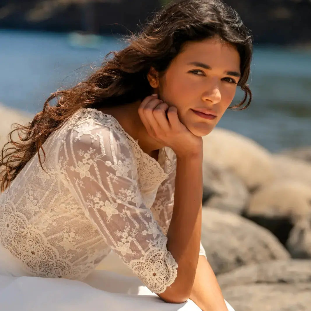 HAUT DE MARIÉE DENTELLE DE COTON BEIGE- MAJORQUE BK130 Novias