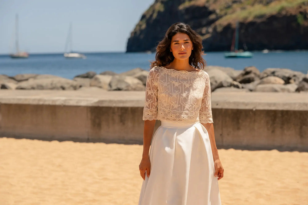 HAUT DE MARIÉE DENTELLE DE COTON BEIGE- MAJORQUE BK130 Novias