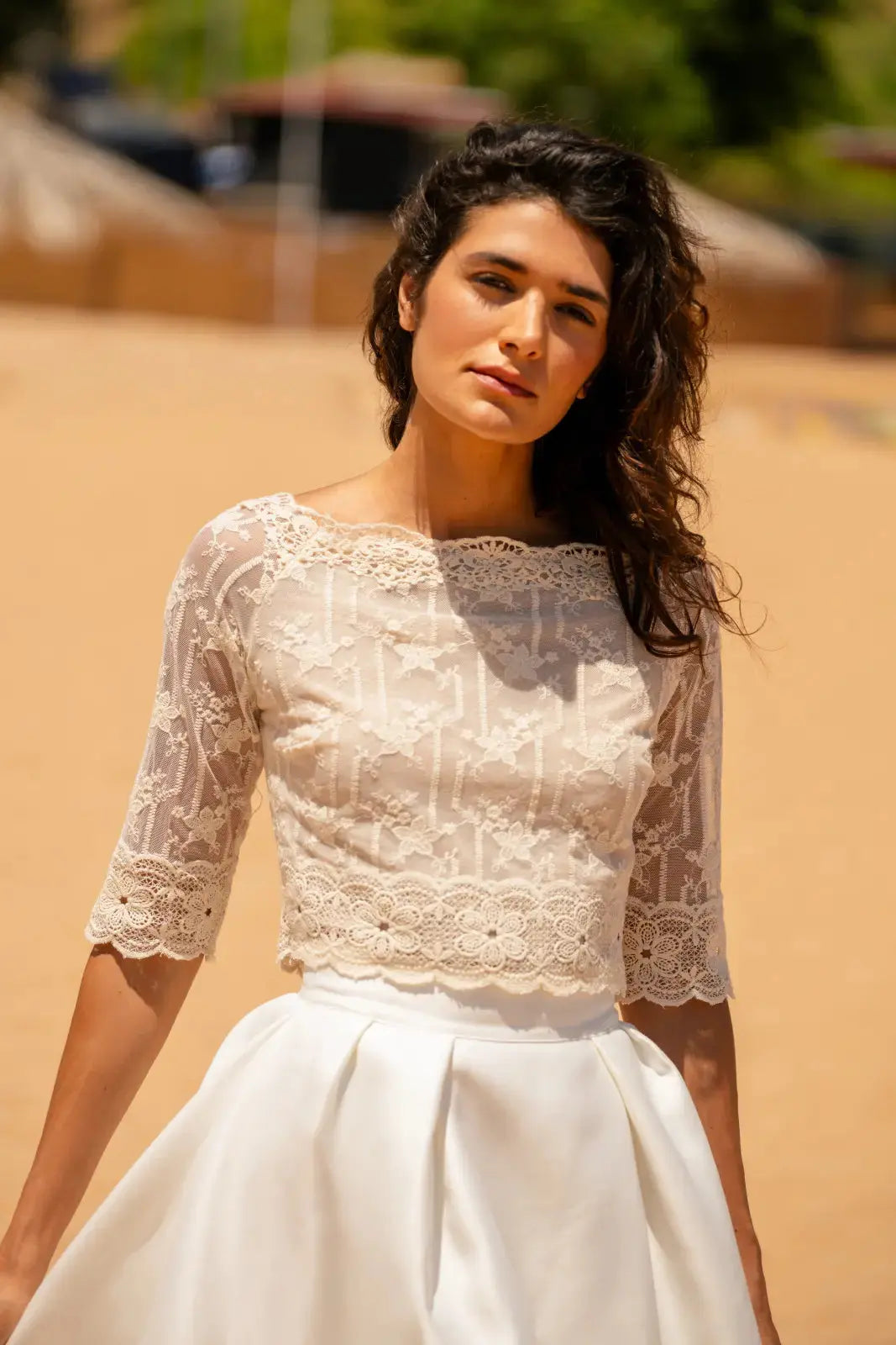 HAUT DE MARIÉE DENTELLE DE COTON BEIGE- MAJORQUE BK130 Novias