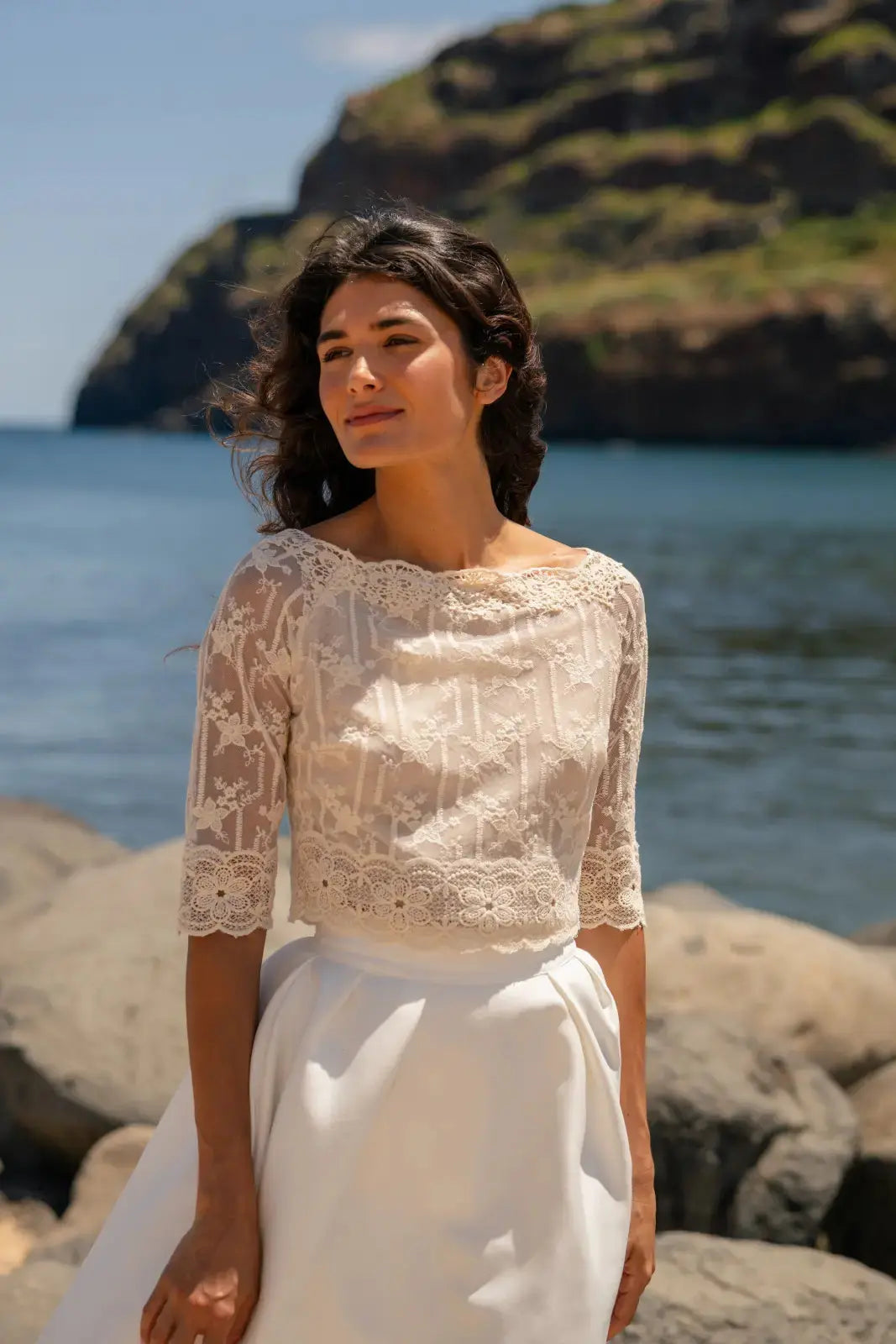 HAUT DE MARIÉE DENTELLE DE COTON BEIGE- MAJORQUE BK130 Novias