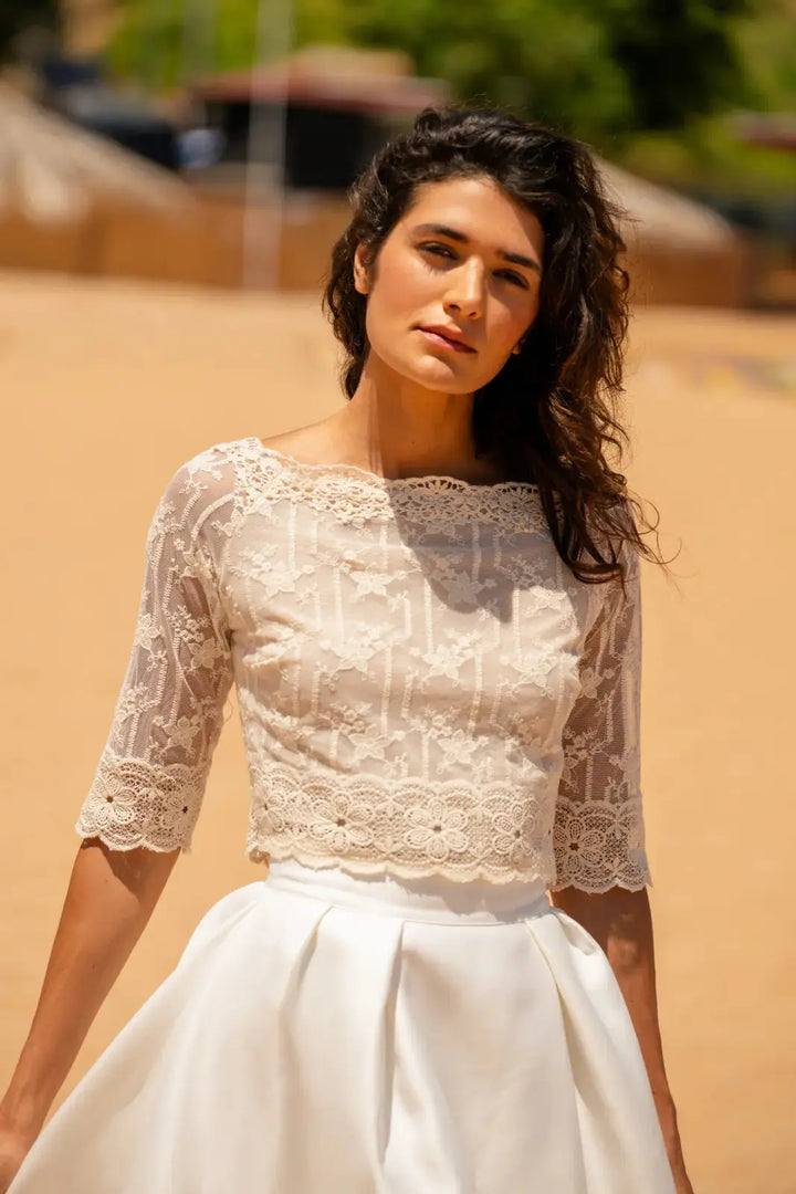 HAUT DE MARIÉE DENTELLE DE COTON BEIGE- MAJORQUE BK130 Novias