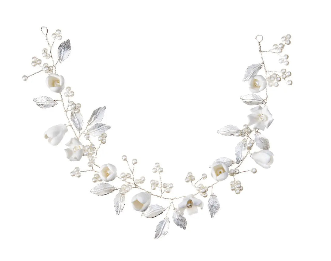 HEADBAND DE MARIÉE FLEURS 3D & PERLES ARGENTÉ – ÉLÉGANT | HB0422 G.Westerleigh