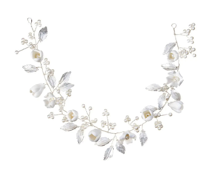HEADBAND DE MARIÉE FLEURS 3D & PERLES ARGENTÉ – ÉLÉGANT | HB0422 G.Westerleigh