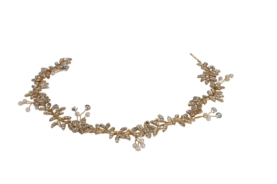 HEADBAND MARIÉE DORÉ FEUILLAGE CRISTAUX & PERLES – PBH7016 THE PERFECT BRIDAL COMPANY