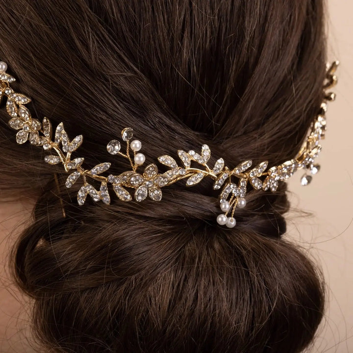 HEADBAND MARIÉE DORÉ FEUILLAGE CRISTAUX & PERLES – PBH7016 THE PERFECT BRIDAL COMPANY