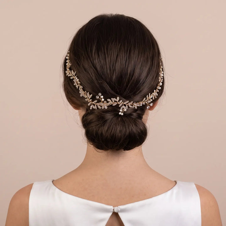 HEADBAND MARIÉE DORÉ FEUILLAGE CRISTAUX & PERLES – PBH7016 THE PERFECT BRIDAL COMPANY