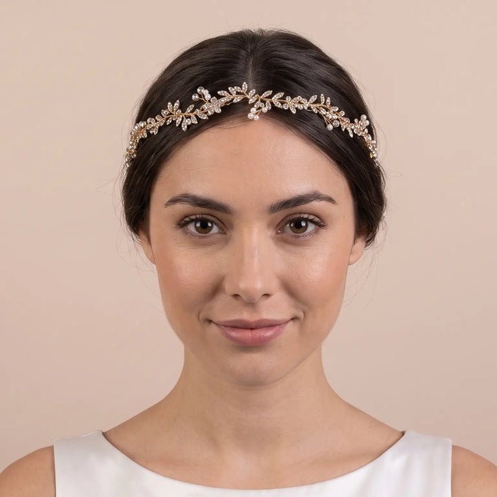 HEADBAND MARIÉE DORÉ FEUILLAGE CRISTAUX & PERLES – PBH7016 THE PERFECT BRIDAL COMPANY