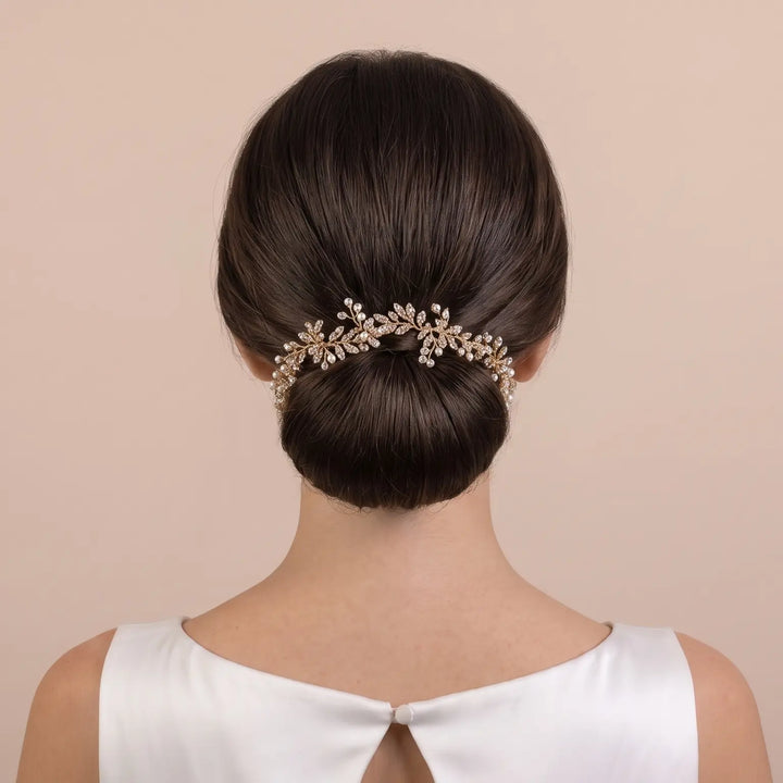 HEADBAND MARIÉE DORÉ FEUILLAGE CRISTAUX & PERLES – PBH7016 THE PERFECT BRIDAL COMPANY