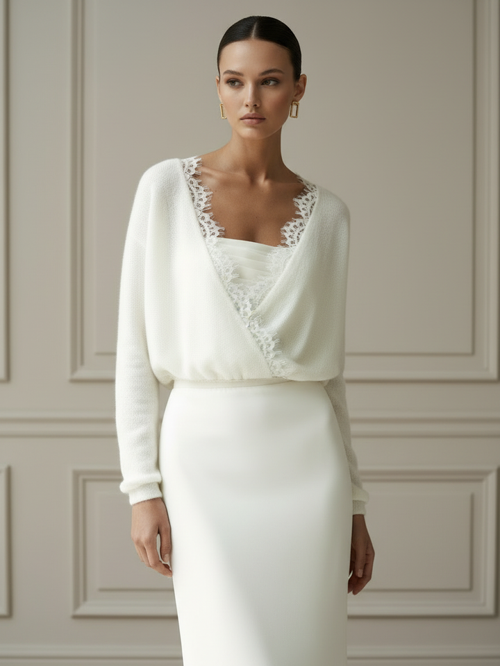 Pull de mariée ivoire, coupe blousante resserrée à la taille
