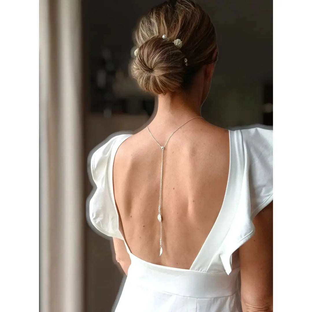 LIERRE – COLLIER DE DOS NU MARIÉE 2 EN 1 PERLES NACRÉES & FEUILLES – OR OU ARGENT L'atelier du 6
