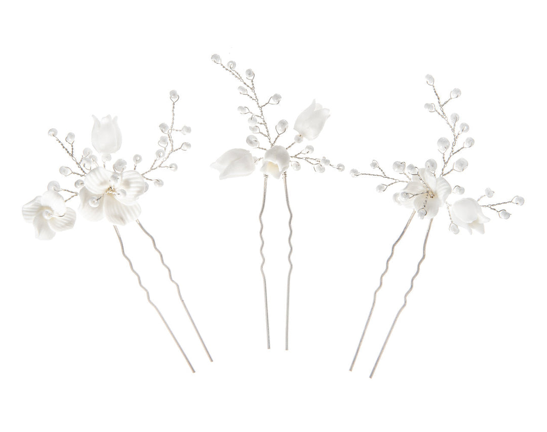 Lot de 3 épingles de mariée HP08 – fleurs et perles, argent G.Westerleigh