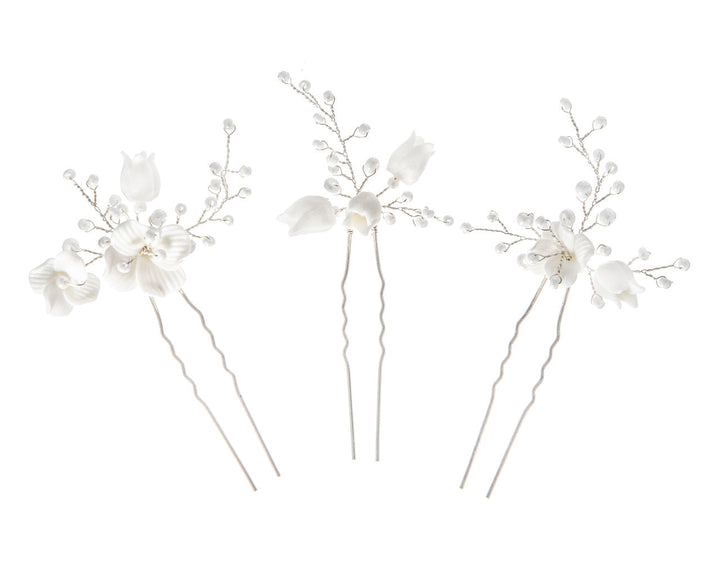 Lot de 3 épingles de mariée HP08 – fleurs et perles, argent G.Westerleigh