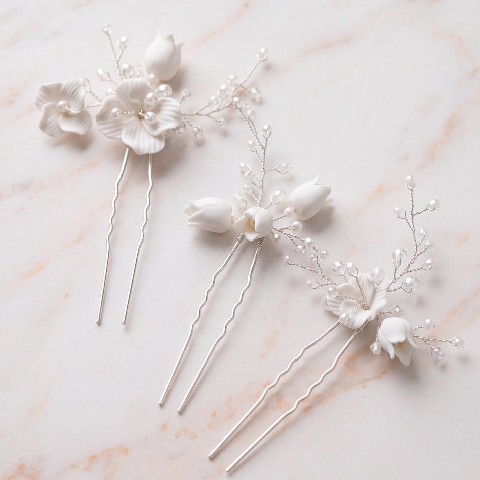 Lot de 3 épingles de mariée HP08 – fleurs et perles, argent G.Westerleigh