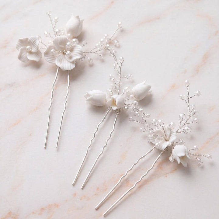Lot de 3 épingles de mariée HP08 – fleurs et perles, argent G.Westerleigh
