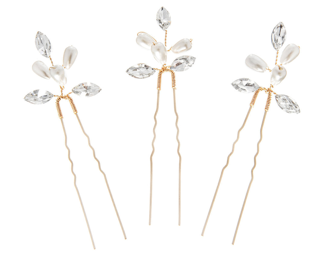 Lot de 3 épingles de mariée HP1026 – cristaux feuilles, dorées G.Westerleigh